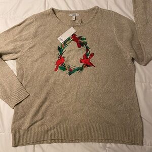 Croft & Barrow Beige Sweater with Red Bird Embroidery